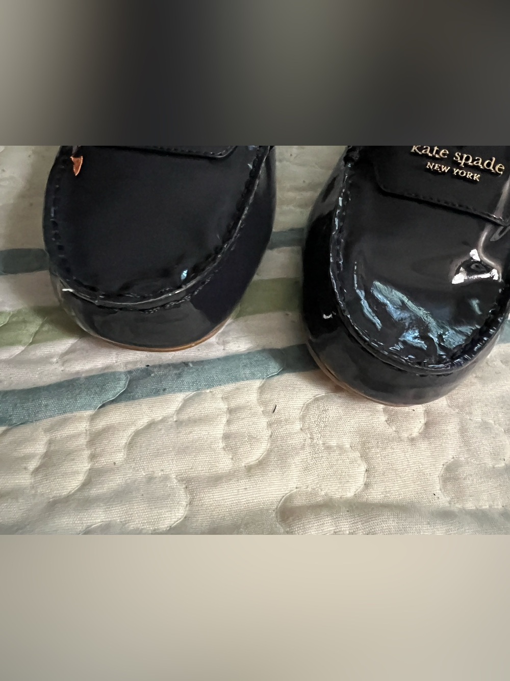Kate Spade New York Navy Patent Leather Deck Loafers with Gold Logo - Picture 2 of 8